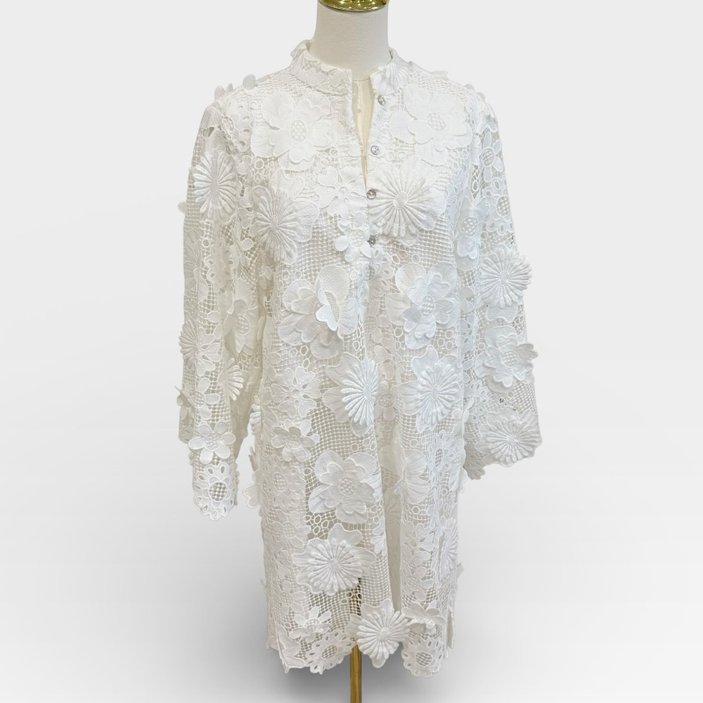 J.Marie Seraphina Shift Dress White Floral 3D Lace 3/4 Sleeve Kaftan NWT - Picture 9 of 14